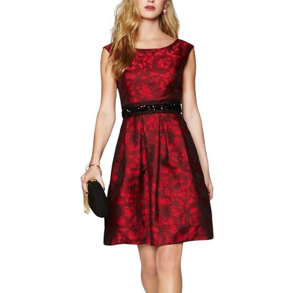 Eliza J Black Embellished Waist Red Floral Brocade Fit & Flare Cocktail Dress - Picture 1 of 12